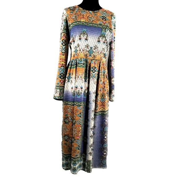 Zara Dresses & Skirts - Zara Trafaluc Dress Womens Medium Multicolor Patchwork Boho Long Sleeve Midi